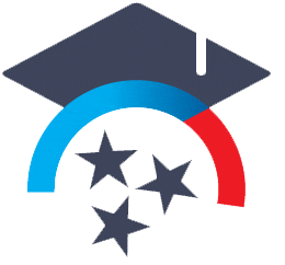 An icon featuring a dark graduation cap on top, with a blue and red semi-circle below it, and three dark stars inside the semi-circle.