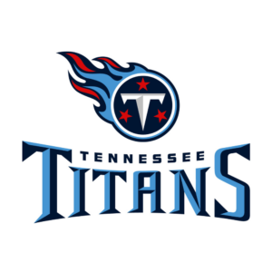 Tennessee Titans logo featuring a flaming circular emblem with a "T" and three red stars above the stylized text "Tennessee Titans" on a white background.