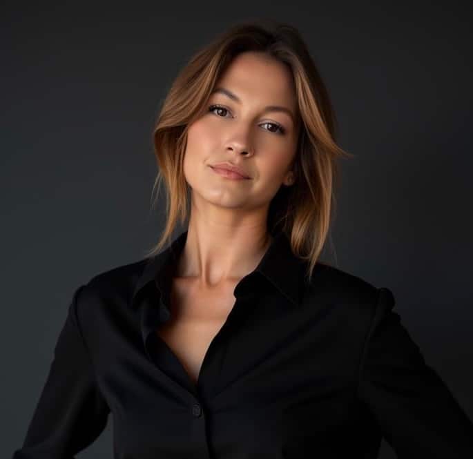 A woman with shoulder-length light brown hair, wearing a black button-up shirt, stands confidently against a dark, plain background, looking directly at the camera with a slight smile.