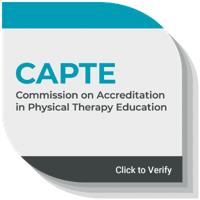 CAPTE logo with text: "Commission on Accreditation in Physical Therapy Education." Ideal for Associate of Science Physical Therapist Assistant programs. A button at the bottom right reads, "Click to Verify." The design uses teal, gray, and white with rounded edges.
