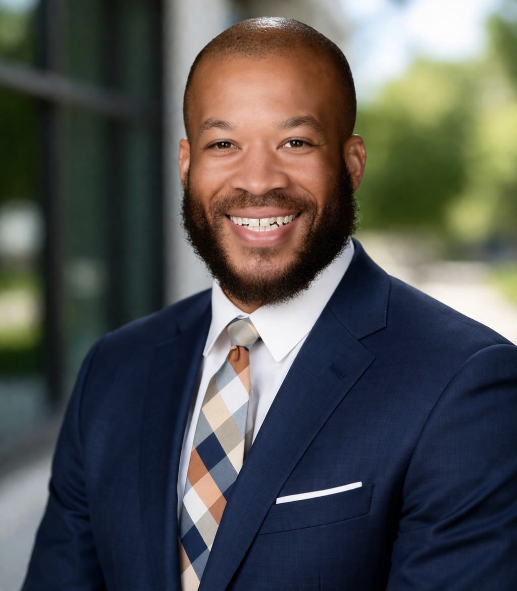 Smiling man with a beard wearing a blue suit, white shirt, and patterned tie, standing outside with blurred greenery and a building in the background.