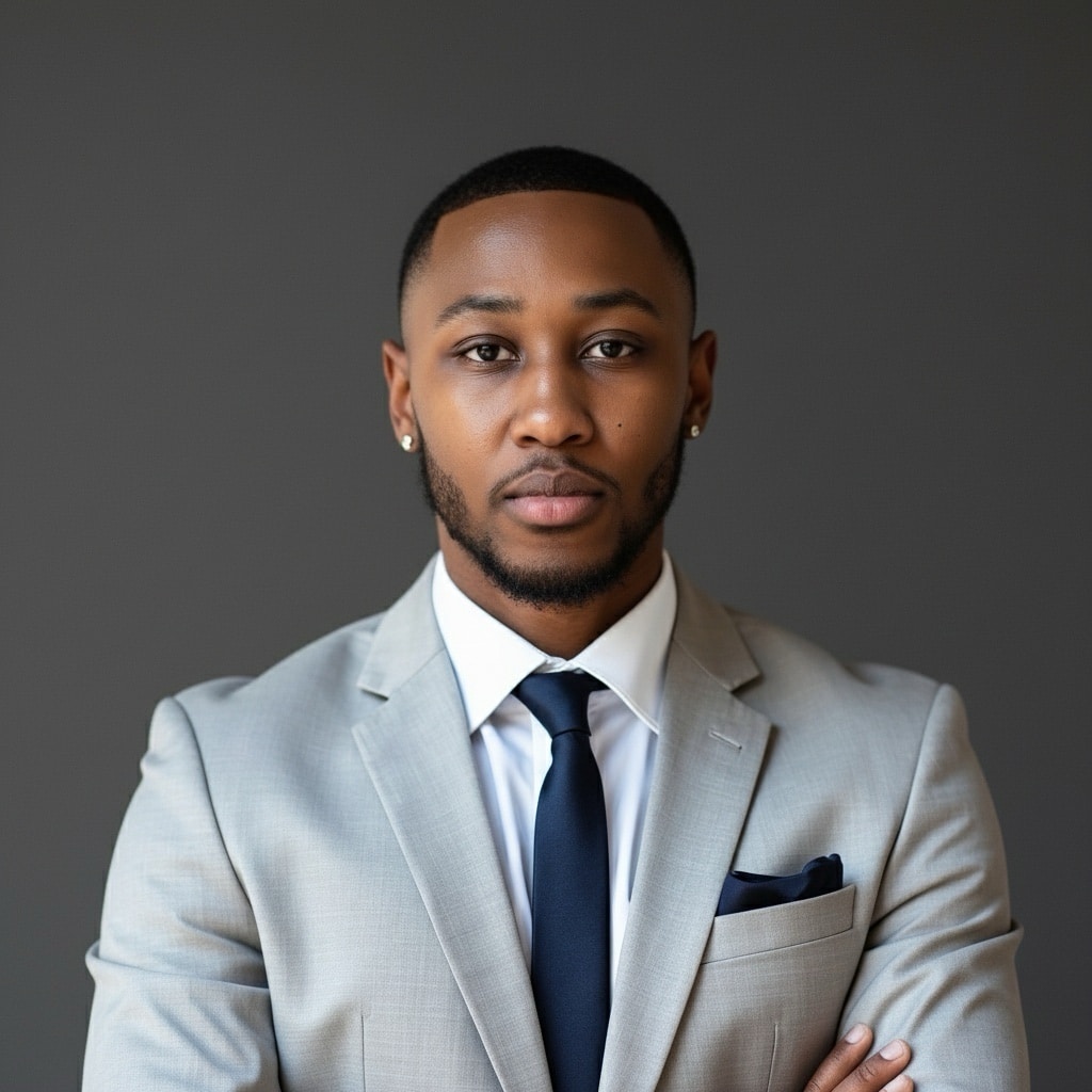 A man in a light gray suit, white shirt, and dark tie stands with arms crossed against a plain dark background, looking confidently at the camera.