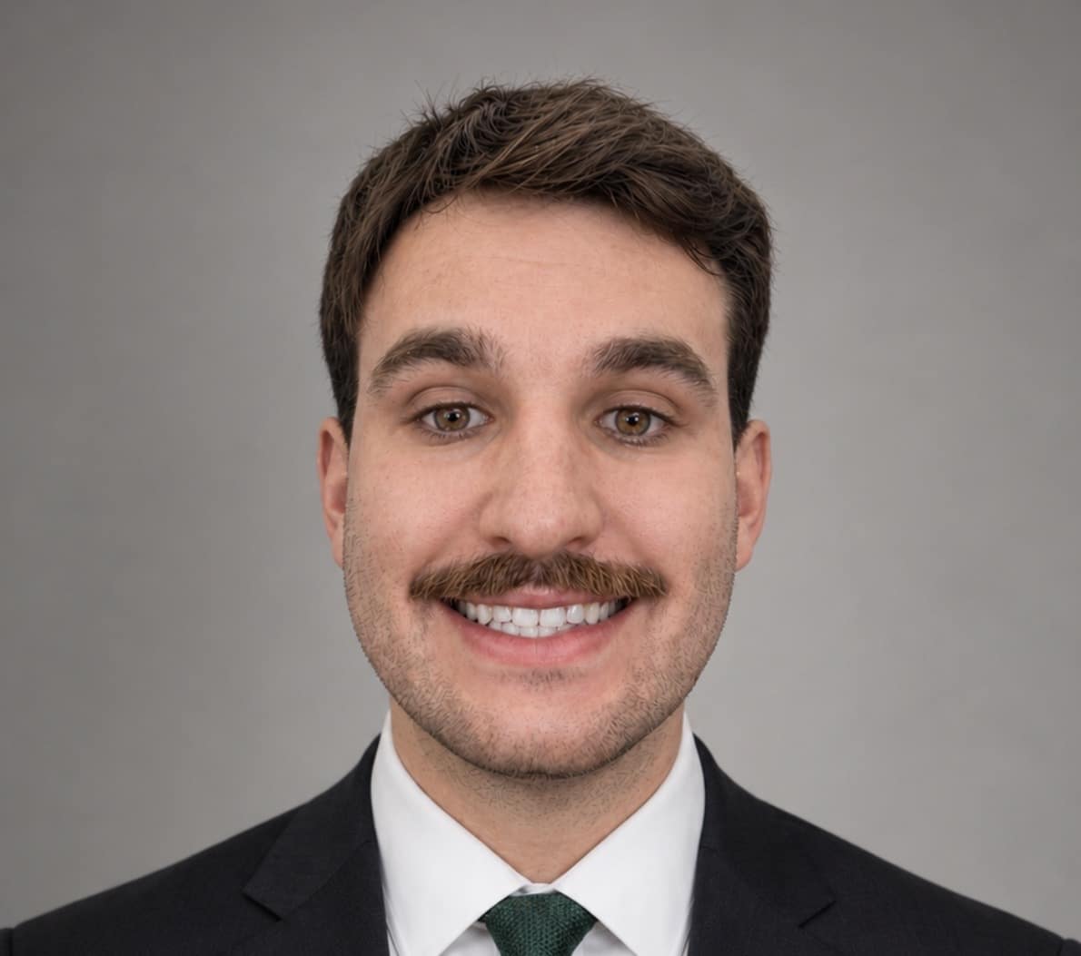 A man with short brown hair, a thick mustache, and a dark suit with a white shirt and green tie, smiles at the camera against a plain gray background.
