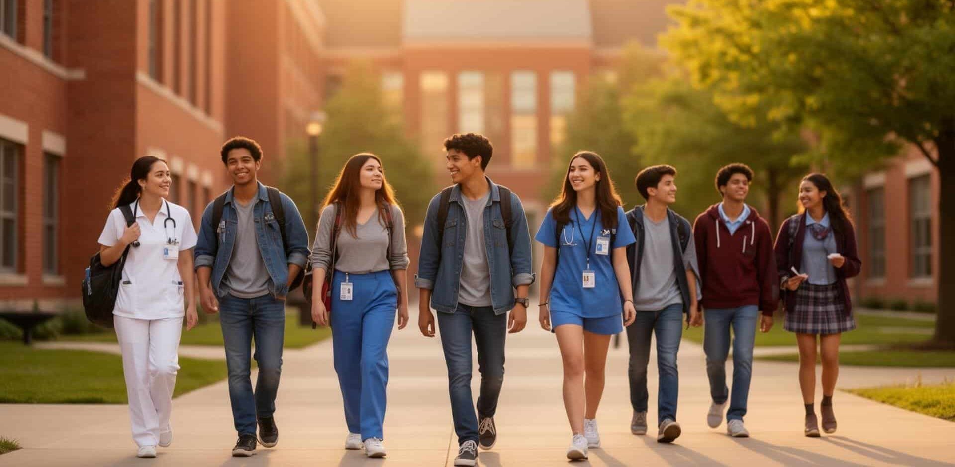 A group of diverse students in uniforms walk and talk together on a sunny campus pathway, with brick buildings and green trees in the background.